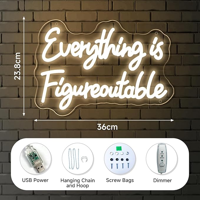 Everything is Figureoutable Neon Sign Dimmable Led Neon Lights for Wall Decor USB Inspirational Word Neon Light Up Signs for Office Bedroom Home Bar Study Room Wedding Birthday Party Teens Girls Gifts