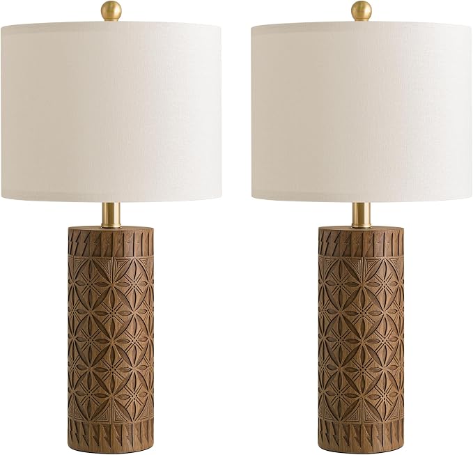 BOBOMOMO 24.25" Modern Farmhouse Table Lamps Set of 2, Geometric Wood Grain Resin Bedside Lamps for Nightstand, Rustic Lamps for Living Room, Bedroom, Entryway, Home Decor, Linen Shade