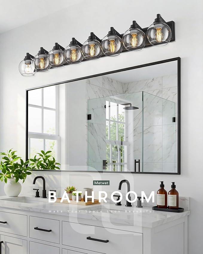 8-Light Bathroom Light Fixtures, Matte Black Vanity Light, 52 Inch Modern Wall Sconces with Globe Clear Glass Shade, Vanity Lighting Fixtures Over Mirror, VL195-MB-8