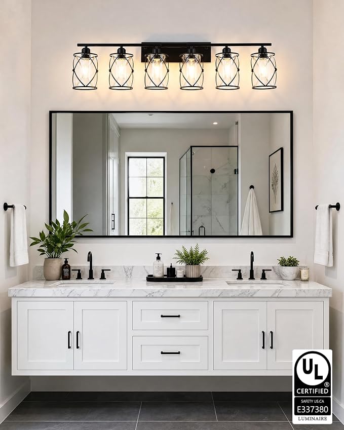6-Light Matte Black Bathroom Light Fixtures Over Mirror, 42" UL-Listed Modern Wall Sconce Lights with Clear Glass and Metal Cage for Bath, Hardwire E26, CH9176BK-6W
