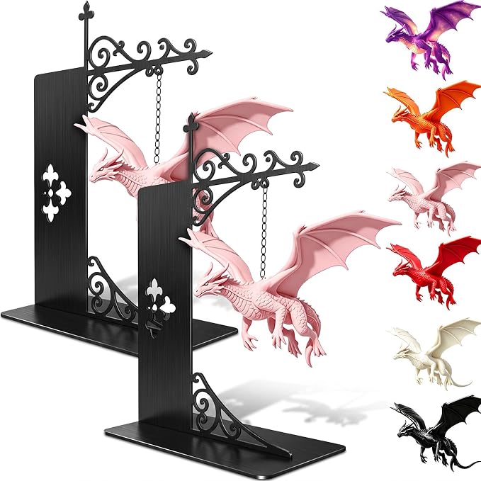 Magical Floating Dragon Bookshelf Lamp, Warm LED Dragon Night Light, Fantasy Gothic Bookend Decor, Reading Nook Ornament, Gift for Book Lovers & Fantasy Fans，Pink+Pink