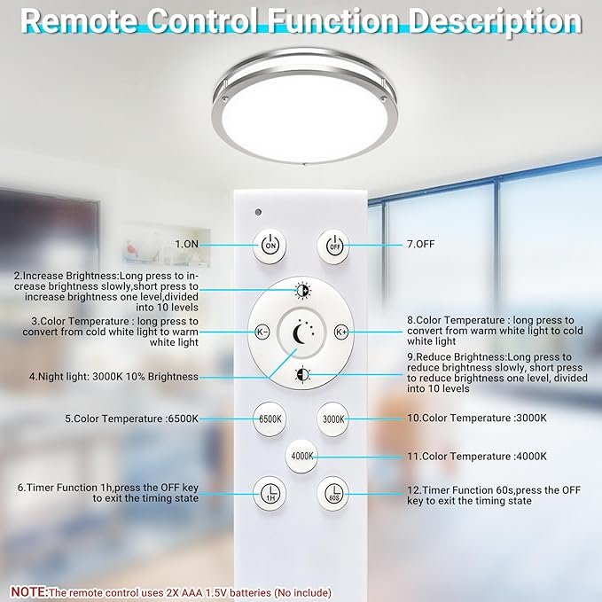 libtit 13 Inch Flush Mount Ceiling Lights with Remote, 24W Dimmable LED Ceiling Light with Nightlight and Timer, 3000K-6500K Adjustable Brushed Nickel Light Fixture for Bedroom Kitchen Bathroom