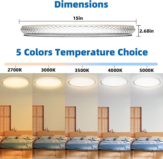15 Inch LED Flush Mount Ceiling Light,Modern Ceiling Light | 35W 4000LM 5CCT 2700-5000K Selectable, Dimmable Ceiling Lights for Kitchen,Bedroom, Living Room,Office