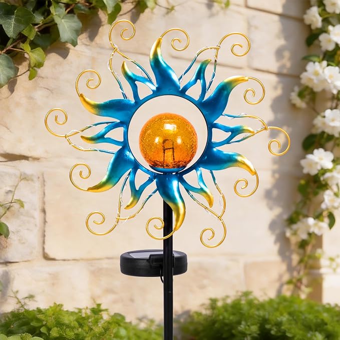 ZHQIAN Solar Lights Outdoor Garden Decor, Blue Metal Sun Crackle Glass Globe Stake Waterproof 30LED Decorations Unique Gifts for Women,Mom,Outside, Patio,Lawn,Yard,Pathway