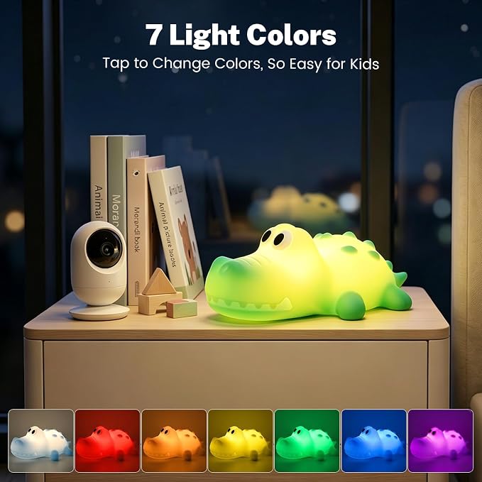 AVEKI Night Light for Kids, Baby Crocodile Night Light with Dimmable Warm Light & RGB Mode, Soft Silicone Touch Lamp with 30M Timer, Rechargeable Alligator Light for Nursery Kids Room