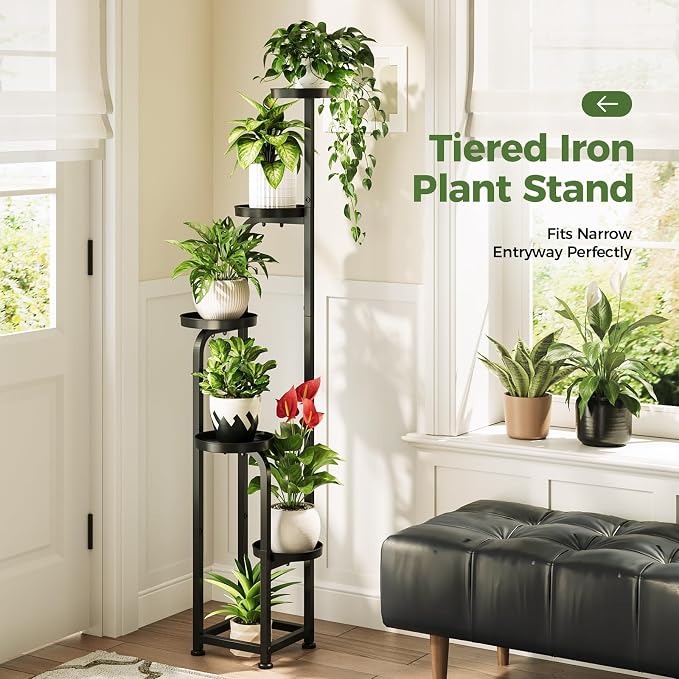 Bamworld Tall Plant Stand Indoor Outdoor Corner Metal Flower Pot Stands | 5 Tier Black Heavy Duty Plant Shelf for Multiple Plants Plant Table for Patio Garden Balcony Living Room Bedroom