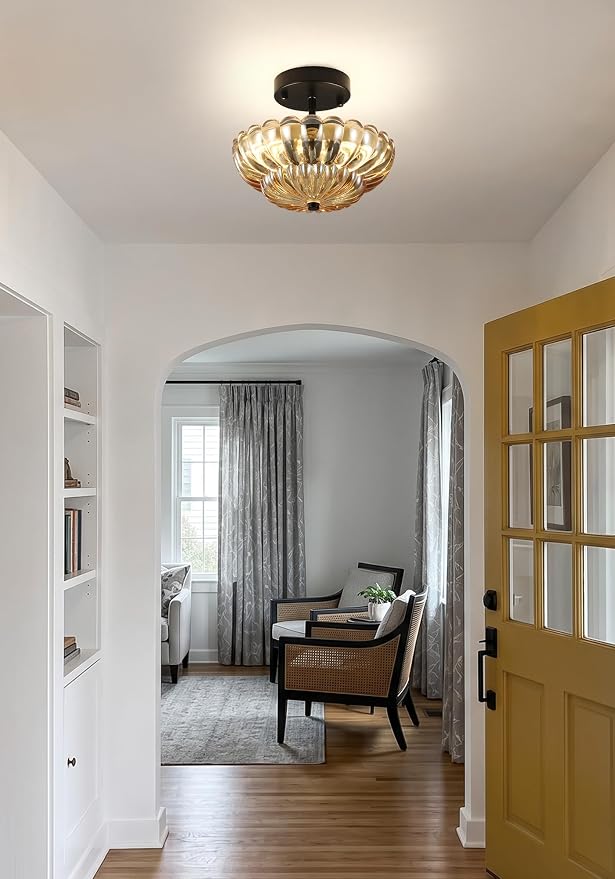 Semi Flush Mount Ceiling Light, Mini Vintage Black Close to Ceiling Light Fixture with Glass Shade, Modern Lighting for Bedroom Hallway Kitchen Laundry-Amber