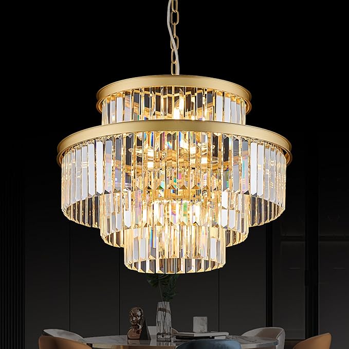Modern Gold Crystal Chandeliers 15 Lights 4-Tier Luxury K9 Crystal Lighting 22" Round Ceiling Pendant Light Fixture for Living Room Dining Room Bedroom Kitchen Foyer