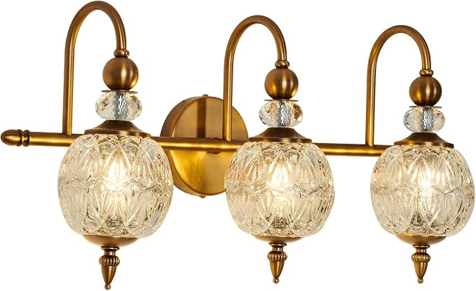 Piepooye Vintage Bathroom Lights Fixtures Gold Vanity Light with Glass Globe LampShade 3 Light Mid Century G9 Bulb Wall Sconce Indoor Vanity Light Over Mirror for Kitchen Bedroom Farmhouse Living Room