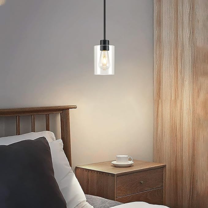 Modern Farmhouse Black Pendant Lights, Mini Hanging Light Fixture with Clear Glass Shade, Adjustable Rods for Kitchen Island, Sink, Bar (1 Pack)