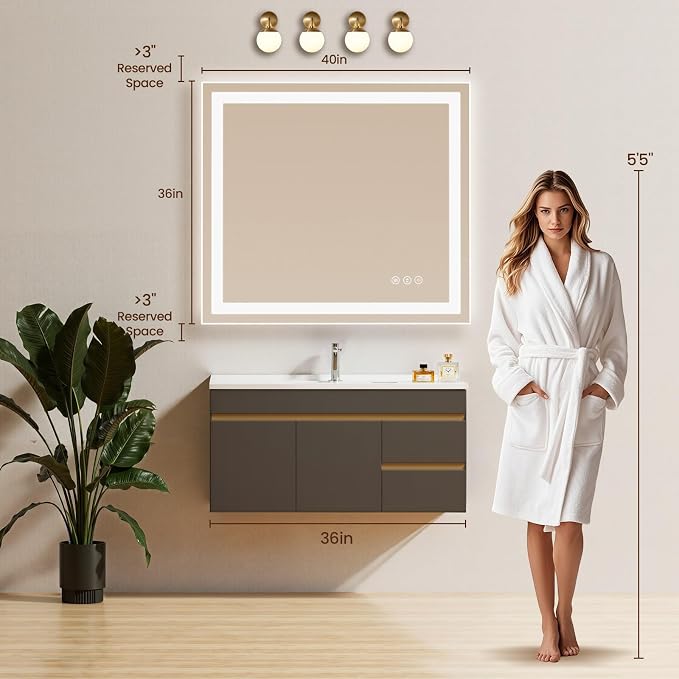 40x36 LED Bathroom Mirror with Anti-Fog, Backlit & Front Lit, Memory | Stepless Dimmable 3 Color CRI 95+ Shatterproof Tempered Glass ETL Listed for Safety Lighted Bathroom Vanity Mirror for Wall