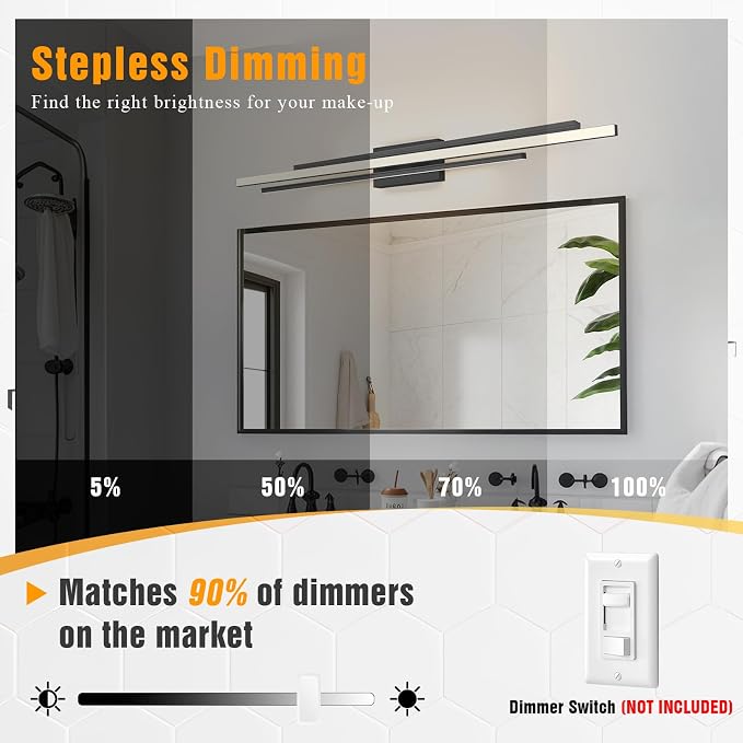 Modern LED Vanity Light 48 Inches Long Black LED Wall Light Over Vanity Mirror Hardwired Wall Mount Lighting Fixture 5CCT(3000K/3800K/4500K/5200K/6000K) Dimmable Bathroom Wall Mount Lighting