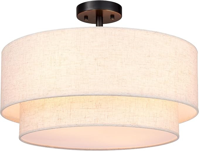Hamilyeah 20 inch Semi Flush Mount Ceiling Light Fixture with 4 Light, Beige Drum Light Fixture Ceiling Mount with Fabric Shade, Modern Close to Ceiling Lighting Double Layer for Living Room, Bedroom