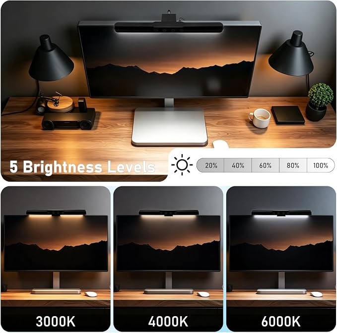 Monitor Light Bar, Computer Monitor Lamp for Eye Care, Home Office (13") | USB Reading Light with 3 Color Modes, No Screen Glare, Touch Control, Space Saving, 5 Brightness Levels, 70° Adjustable Angle