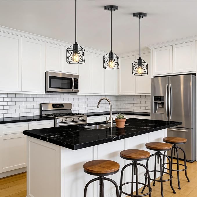 3 Light Pendant Lighting, Farmhouse Hanging Light Fixture for Kitchen Island & Dining Room, Industrial Vintage Ceiling Lamp with E26 Base, Adjustable Height, Matte Black