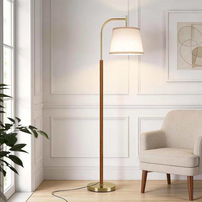 SUNMORY Wood Floor Lamp for Living Room, Mid Century Modern Arc Floor Lamps | 3 Color Temperatures, 9W/800lm LED Bulb, Adjustable Linen Shade, Gold Standing Tall Reading Light for Bedroom Corner Office