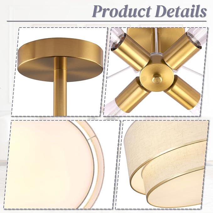 Hamilyeah 20 Inch Semi Flush Mount Ceiling Light, Dual Drum Fabric Shade Light Fixture with Gold Metal Trim, Modern Farmhouse Ceiling Light for Bedroom, Living Room, Dining Room, Hallway