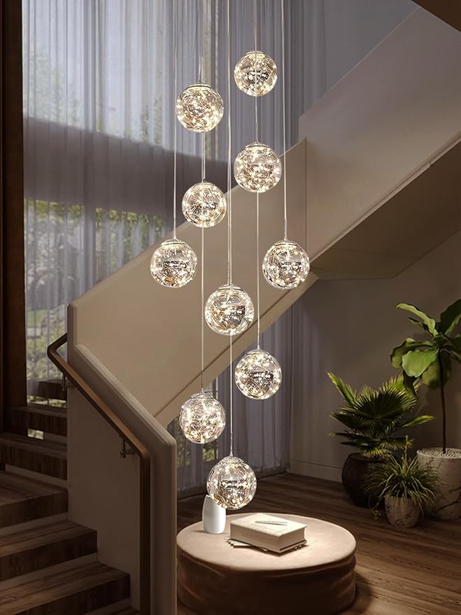 10-Light High Ceilings Long Chandeliers LED Staircase Chandelier High Ceiling Chandelier for Entryway,Modern Crystal Long Pendant Light, Adjustable Length 16" W x79 H，50W