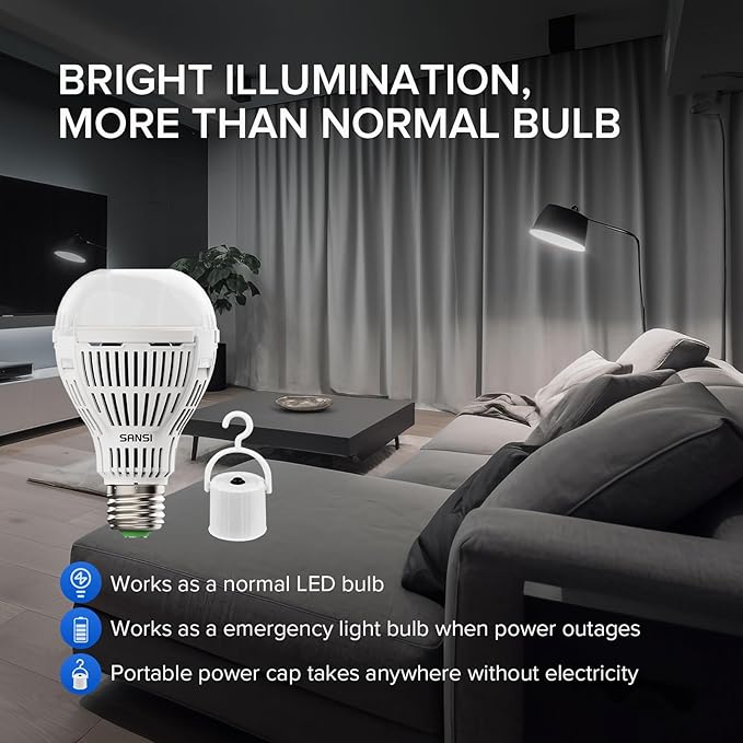 SANSI Rechargeable Emergency Light Bulb, Battery Powered 2000mAh A19 LED Light Bulb, 1800LM 6500K Cool White E26 120W Equiv. 12W Backup Light with Hook for Home Power Outage Camping