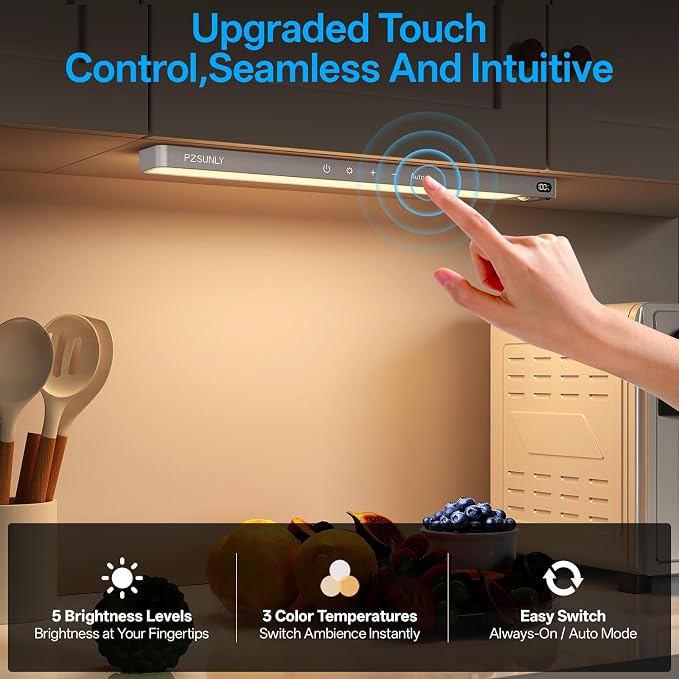 5-Pack Under Cabinet Lighting Wireless Motion Sensor Light Indoor | 14.2inch Rechargeable,3Color Dimmable,Power Display,LED Closet Light Magnetic with Remote,Under Counter Lights for Kitchen