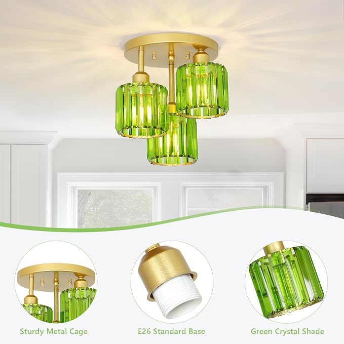 PAUFUL Green Crystal Close to Ceiling Light Fixtures,3-Light Modern Semi Flush Mount Ceiling Light,Kitchen Light Fixture with Crystal Shades,Hallway Lighting Fixture for Entryway Bedroom Bathroom