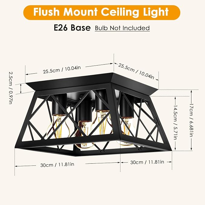 Ceiling Light,4-Light Flush Mount Ceiling Light,Farmhouse Square Light Fixtures Ceiling Mount,Modern Black Ceiling Light Fixture,Kitchen Lighting Fixtures Ceiling,Light Fixture For Bedroom,Hallway | Modern Black Ceiling Light Fixture,Light Fixtures Cei...