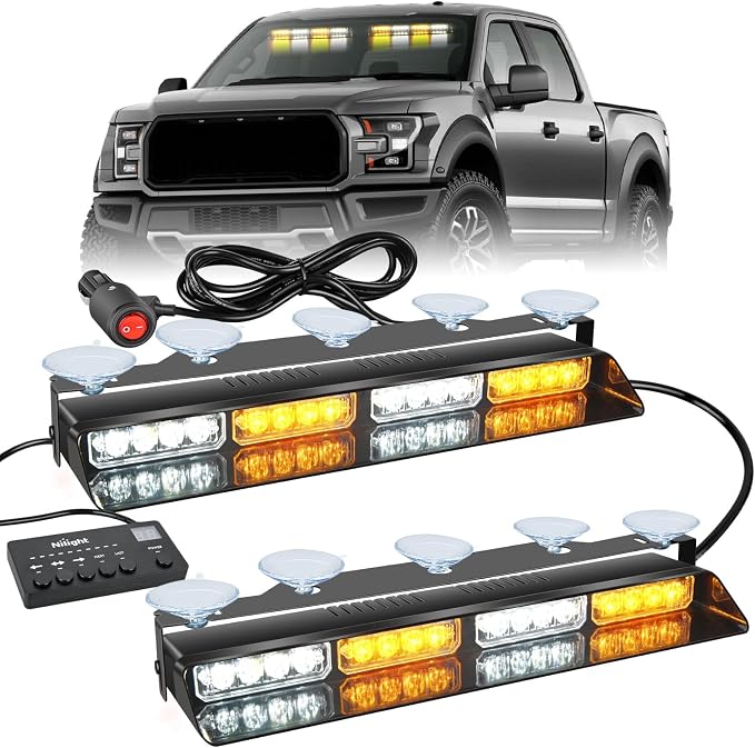 Nilight 32LED Amber White Emergency Dash Strobe Lights with Controller | Suction Cups Warning Hazard Interior Front/Rear Windshield Deck Split Light Bar for Trucks Construction Vehicles