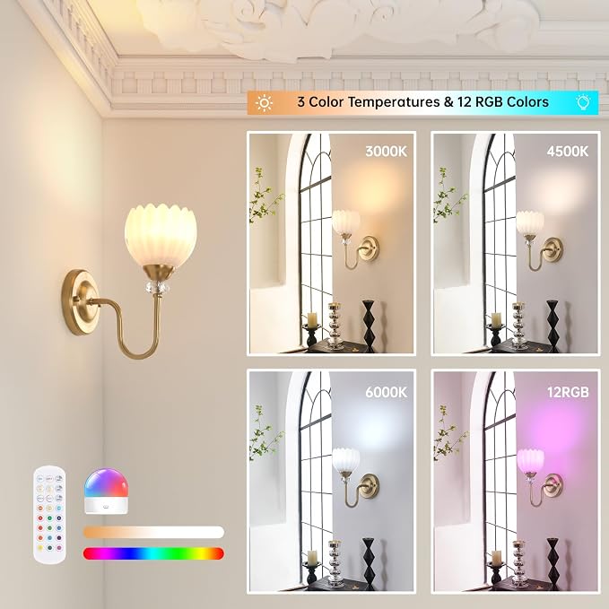 Set of 2 Vintage Battery Operated Wall Sconce, Rechargeable Wall Lamp with 5000mAh Battery & Remote Control, Dimmable Wall Lights with tulip shade for Bedroom Bathroom Living Room, (Tulip White Up)