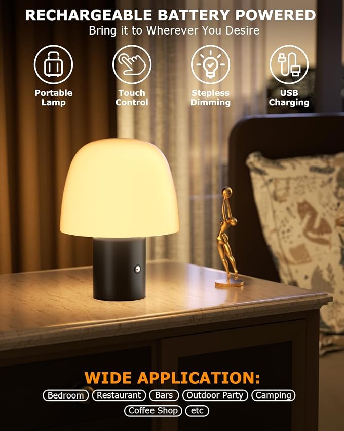 CHLORANTHUS Portable LED Table Lamp, Cordless Desk Lamp Rechargeable, 3-Color Touch Stepless Dimming Night Light for Bedroom/Children's Room/Terrace/Dining Room/Cafe (Black)