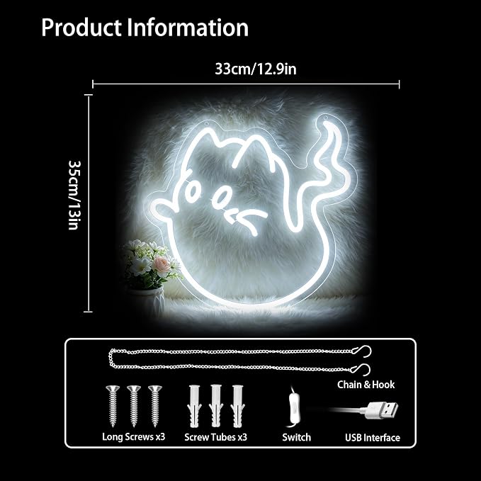 Cat Ghost Neon Sign Led Sign Neon Signs for Wall Decor Neon Lights | Cat Ghost Led Light Up Sign, White Room Decor, Boys Girls Gift, Party, Halloween Wall Decor, 5V USB Powered