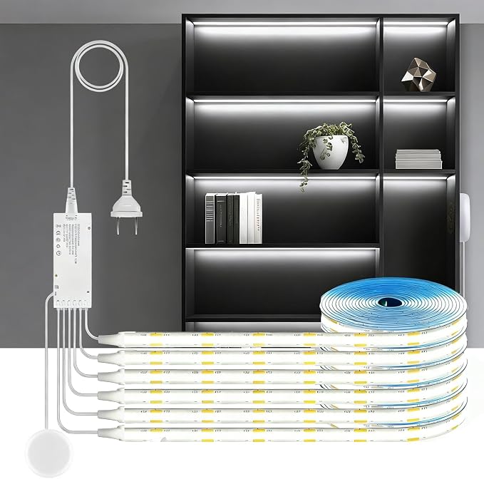 12V COB LED Strip Lights Kit,3.3Ft 6-in-1 Self-Adhesive LED Under Cabinet Lighting with 36W Adapter Dimmable Touch Switch for Acoustic Panel, Display Cabinets, Wardrobes,Cabinets, Showcase Lighting