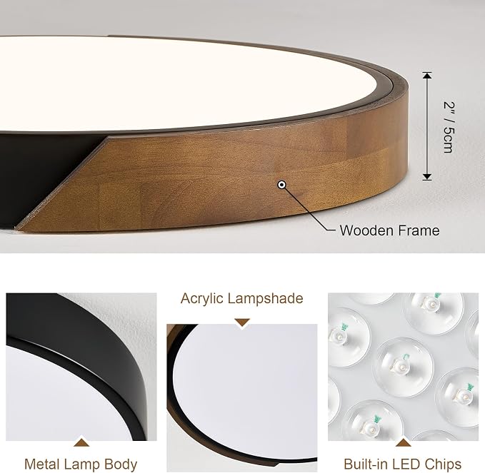Modern LED Ceiling Light, Brown Walnut Wood Minimalist Flush Mount Ceiling Light Fixture, Dimmable Circle Lighting Lamp with Acrylic Lampshade for Bedroom Hallway Laundry 15.8"