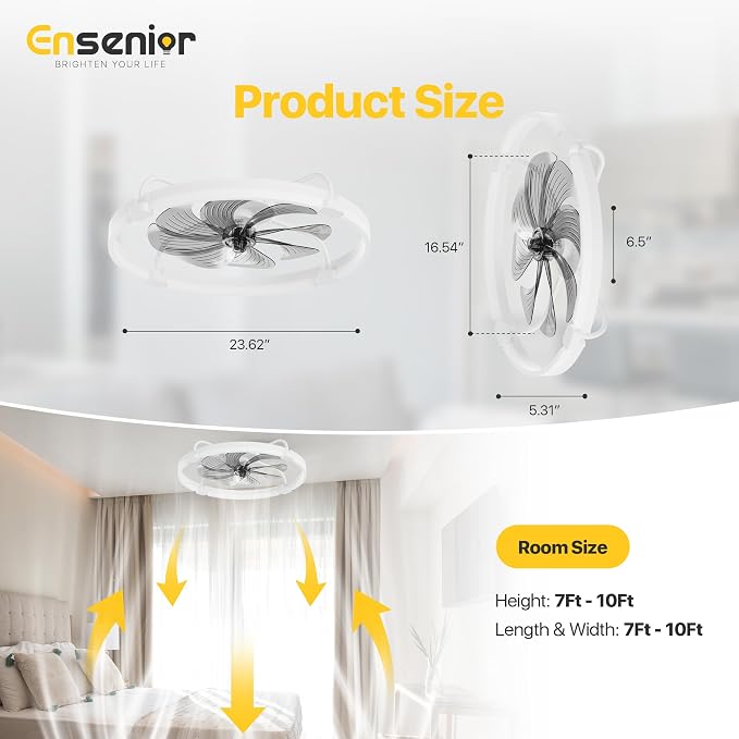 Ensenior 24 Inch Flush Mount Ceiling Fans with Lights, APP Control, White | Quiet Reversible Motor, Night Light Mode, 6 Speeds, 3CCT, Dimmable, Low Profile, Remote, Memory Function, Timer, Bedroom