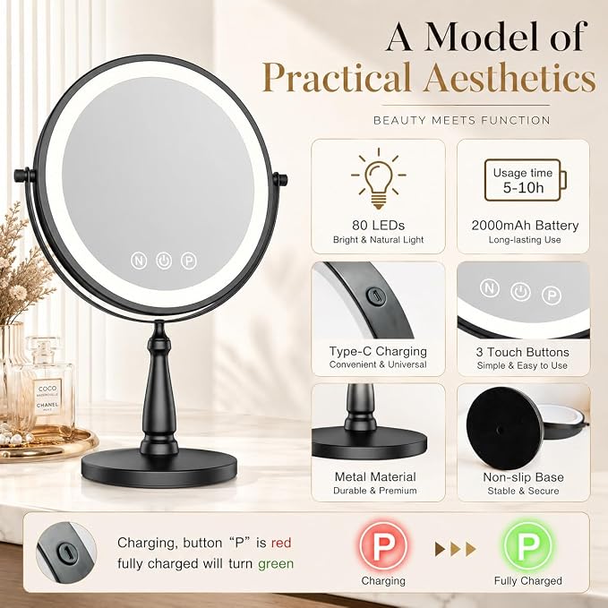 Vanity Mirror with Lights, 10X Magnifying Mirror with Light for Women, 2000 mAh Makeup Mirror with Lights and 3 Colors, 360 Degree, 2-Sided, 9 Inch, Black
