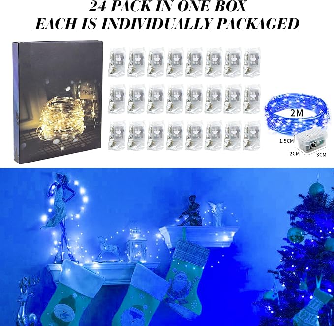 ZGWJ 24 Pack Blue Fairy Lights, Mini String Lights | Battery Operated 7 FT 20 LED Waterproof 3 Modes for DIY, Parties, Wedding, Halloween, Christmas Decoration