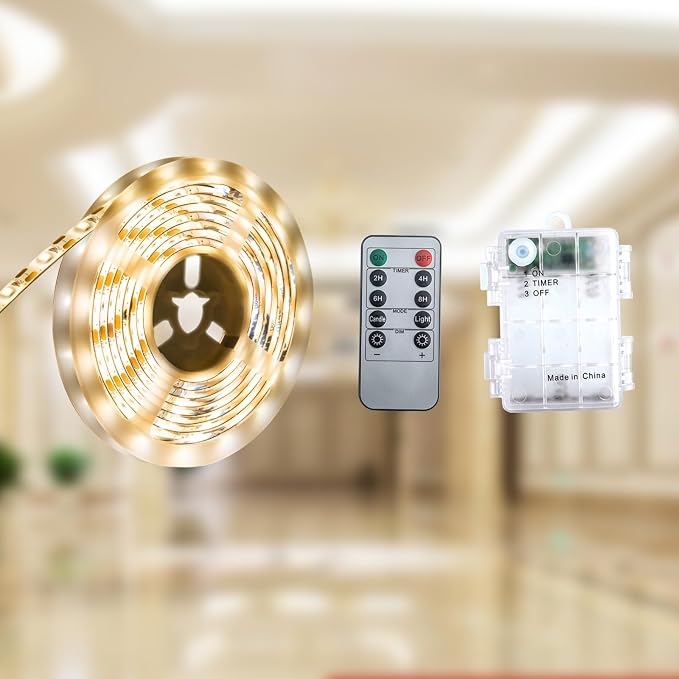 Battery Powered Led Strip Lights,6.56FT 120Led Battery led Strip Lights for Remote,Blinking,Dimmable,Timer,Cuttable,for Indoor Outdoor TV Table Boat Kitchen Christmas,Waterproof（Warm White）