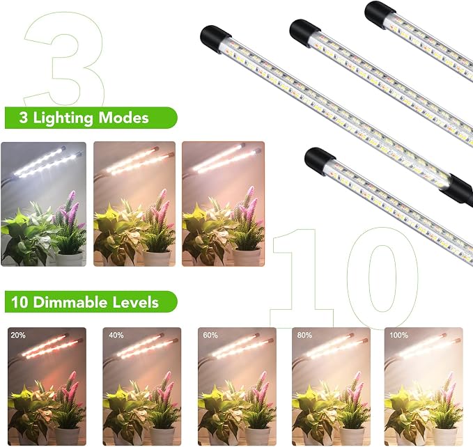 Plant Lights for Indoor Growing, 4 Heads Clip Grow Lamps | Clip Grow Light with 10 Feet Cables, 3/9/12H Auto on/off timer,For Seeding Blooming and Fruiting, 2 Pack