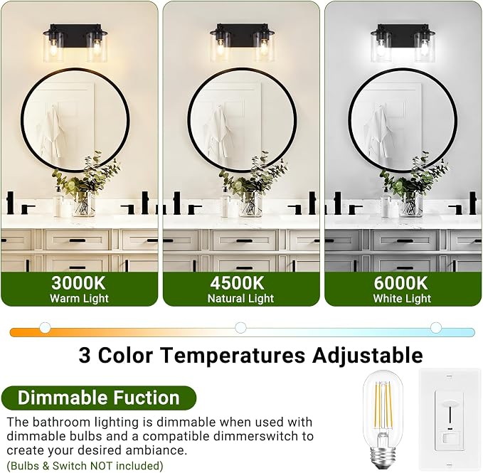 2-Light Black Bathroom Vanity Light, Modern Bathroom Lighting Fixtures with Clear Glass Shade, Bathroom Wall Mounted Lamps for Mirror, Living Room, Bedroom, E26 Socket