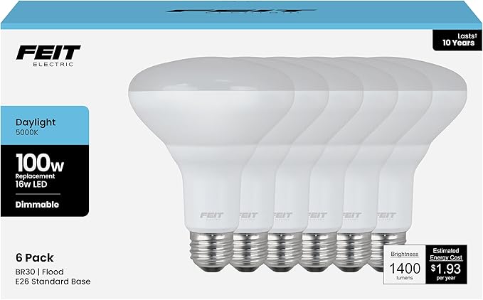 Feit Electric BR30 LED Light Bulbs, 100W Equivalent, Dimmable, E26 Standard Base, 80 CRI, 1400 Lumens, 5000K Daylight, 120V, 10 Years Lifetime, Damp Rated, 24 Pack, 100BR30DM85010KLED/6