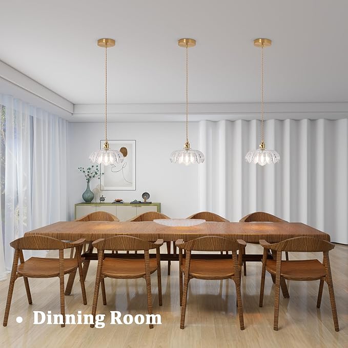 Pendant Light with Clear Scindapsus Glass Lmapshade, Brass Vintage Pendant Light Adjustable Hanging Light for Kitchen Island Dining Room Hallway