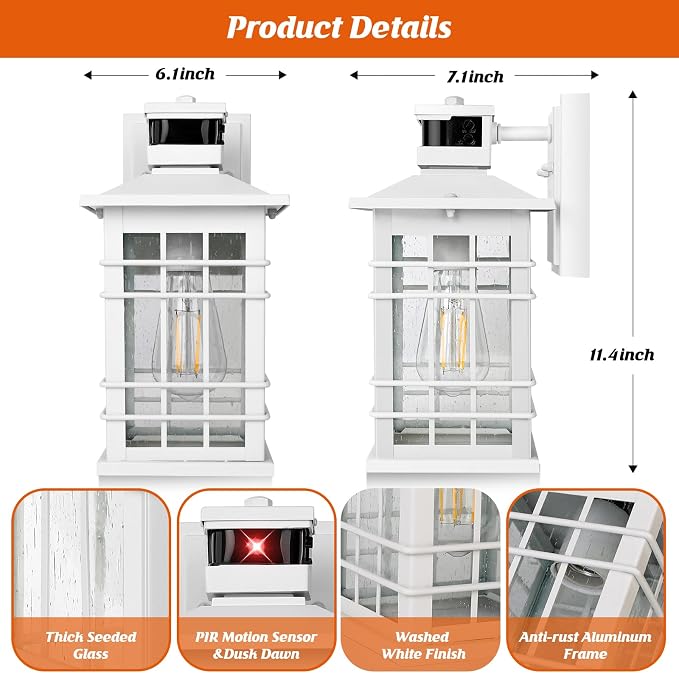 Motion Sensor Outside Wall Lantern Waterproof, White Dusk Dawn Outdoor Lighting Wall Mount with Tempered Glass, Modern Anti-Rust Motion Porch Light Fixture for Hallway Entryway Doorway