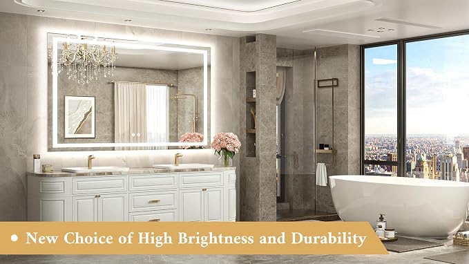 60 x 40 LED Lighted Bathroom Mirror with Lights, Brighter Frontlit and Backlit Led Mirror for Bathroom Wall, Light up Vanity Anti Fog Mirror, 3-Color Dimmable, Waterproof, Tempered Glass