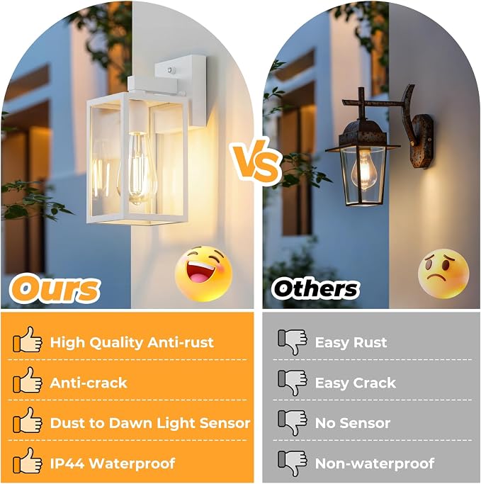 2 Pack Dusk to Dawn Outdoor Wall Light Fixtures, Exterior Porch Light, Waterproof Wall Sconces Lanterns, Sensor Lighting Wall Mount for House Doorway Garage, White
