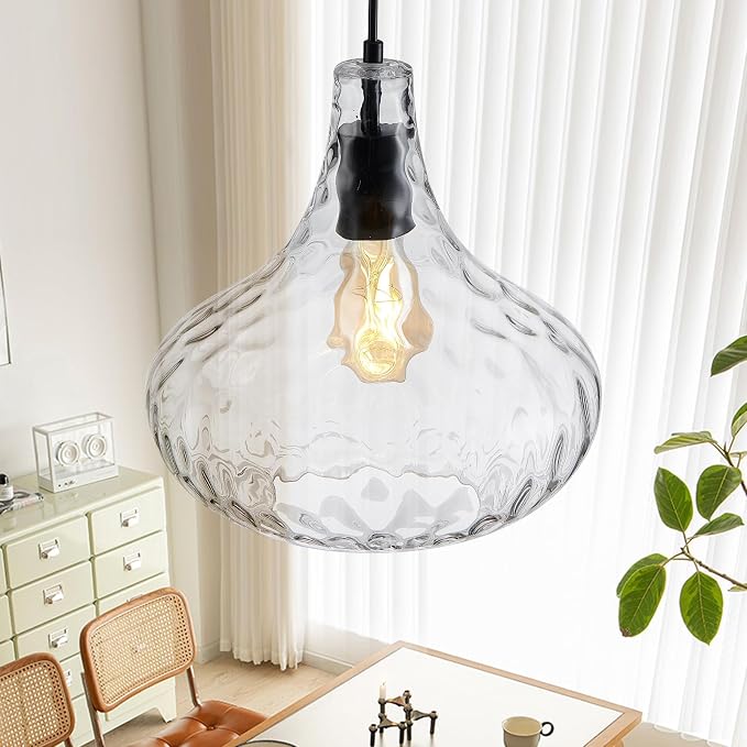 11 Inch Hammered Glass Pendant Light Black Farmhouse Ceiling Lamp | Diffuse soft lighting, adjustable hanging cord, E26 base, perfect decorative fixture over sink kitchen island & dining space