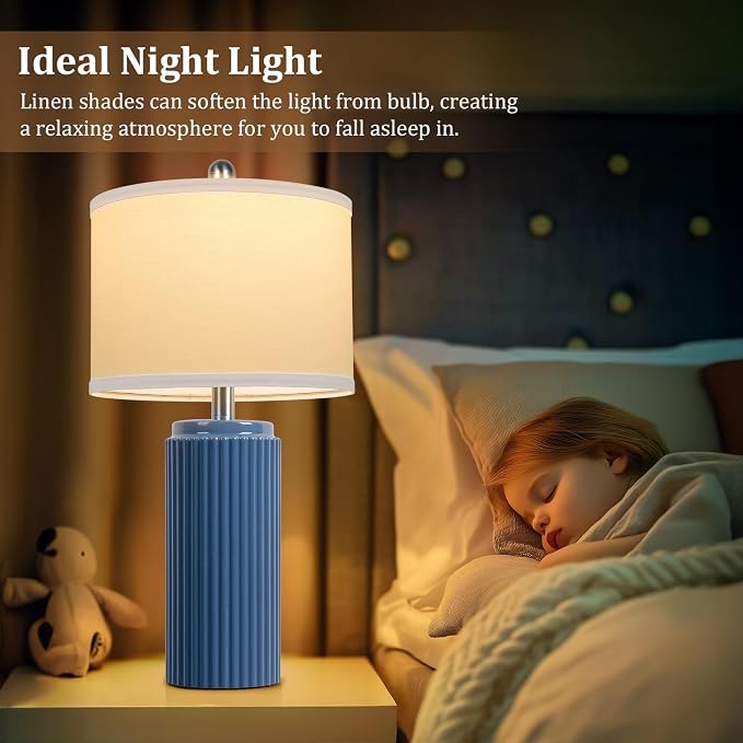 23.5" Blue Ceramic Table Lamps Set of 2, Modern Nightstand Lamps | Bedside Table Lamps with White Linen Shade, Ideal Size, Farmhouse Home Decor for Living Room Bedroom Office End Table Dorm