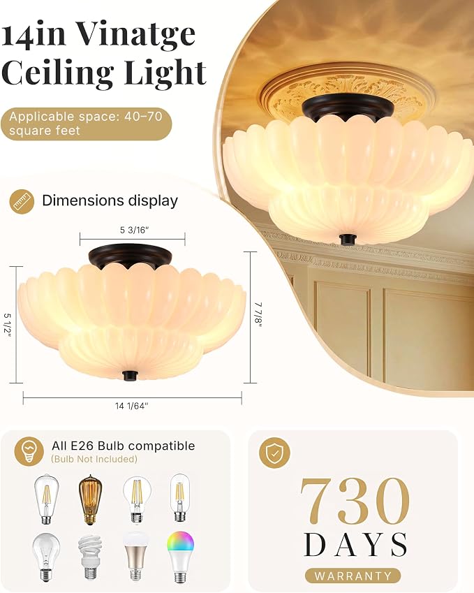 Semi Flush Mount Ceiling Light Fixture 14" Vinatge Black Ceiling Lights Mid Century Modern Milk White Glass Close to Ceiling Lighting Fixtures for Bedroom Hallway Kitchen Laundry Room Bathroom