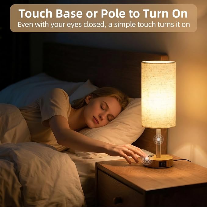 2-Pack Table Lamps, High-Sensitivity Touch, 3-Level Dimmable Bedside Lamp with AC Outlet | USB | and USB-C, Ideal Nightstand Lamps for Bedroom, Reading (2PCS, Warm&Wooden)