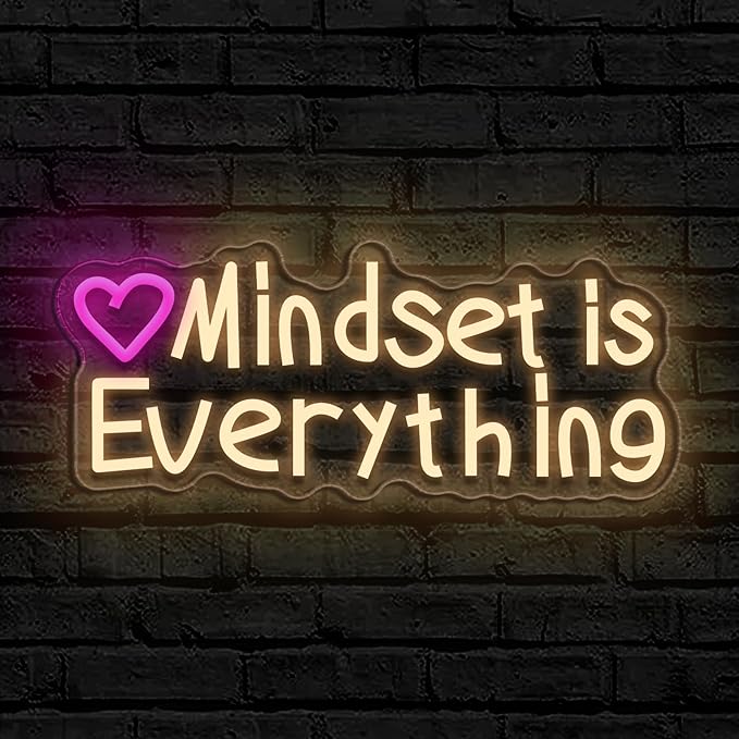 Mindset is Everything neon sign, suitable for classroom wall decoration, back-to-school season, graduation season, student gifts. Dimmable, USB powered, pink heart-shaped inspirational neon light.