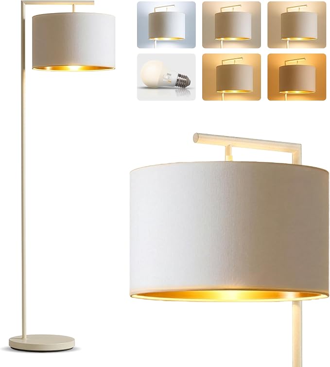 Brightech Montage Modern Floor Lamp - LED Standing Lamp with Adjustable Color Changing Bulbs for Living Rooms & Offices - Tall Corner Bedroom Reading Light for Contemporary Home Decor - Cream and Gold