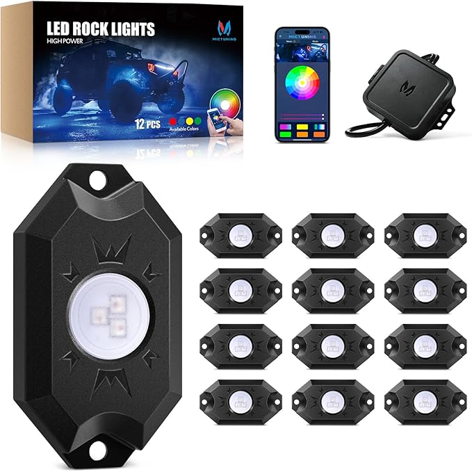 MICTUNING 2nd-Gen CM RGB Rock Lights - 12 Pods Waterproof Multicolor Neon Underglow Kit with Bluetooth App Control & Music Mode for Trucks Pickup UTV SUV ATV （2 Year Warranty）